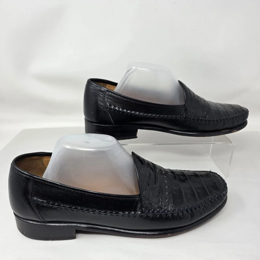 David Eden Loafers Mens 9 Black Crocodile Leather Exotic Penny Moccasin Good